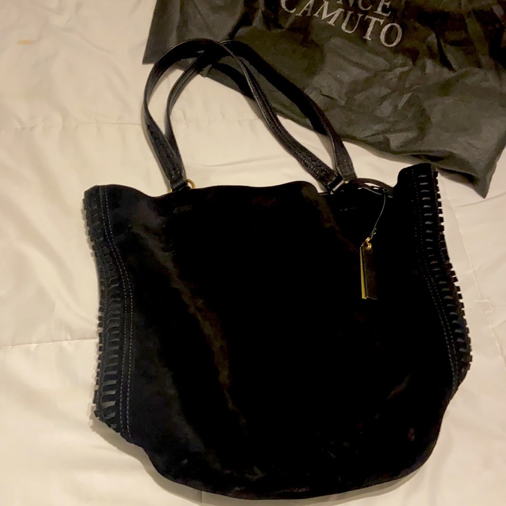 Vince Camuto genuine leather and suede black bucket tote